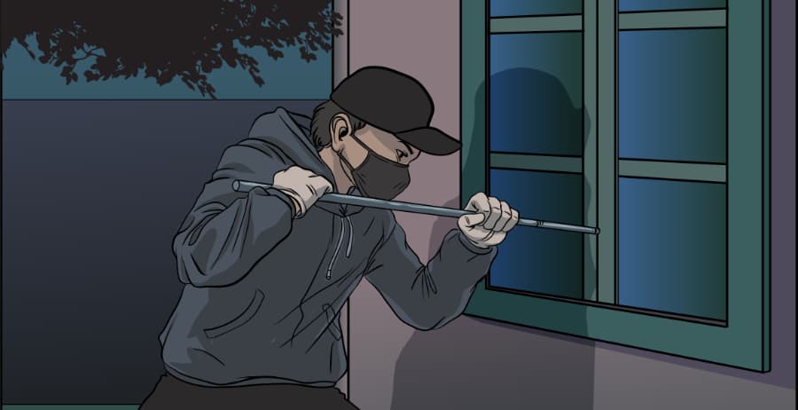 Illustration of burglar forcing entry through a window in Baton Rouge